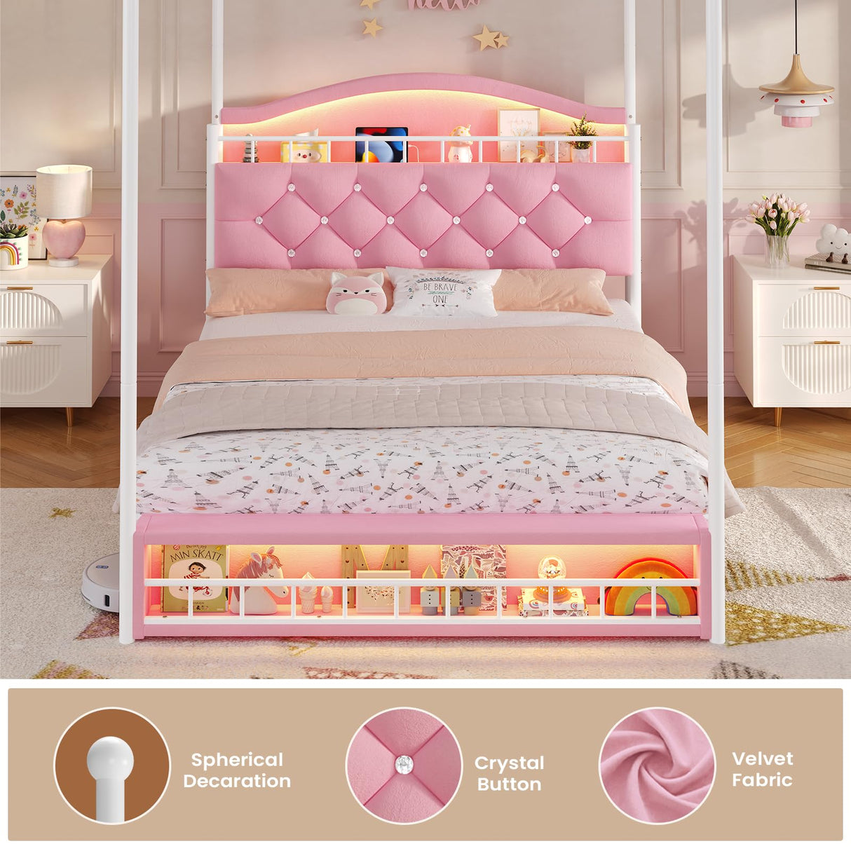 ADORNEVE Full Canopy Bed Frame with LED Lights and Charging Station, Velvet Upholstered Platform Bed for Girls,Headboard with Charging Station & Guardrail & Crystal Button,Pink ADORNEVE