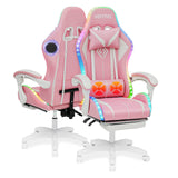 HOFFREE Pink Gaming Chair with Bluetooth Speakers and LED RGB Lights Cute Ergonomic Massage Computer Gaming Chair with Footrest High Back Video Game Chair with Lumbar Support Pink and White HOFFREE