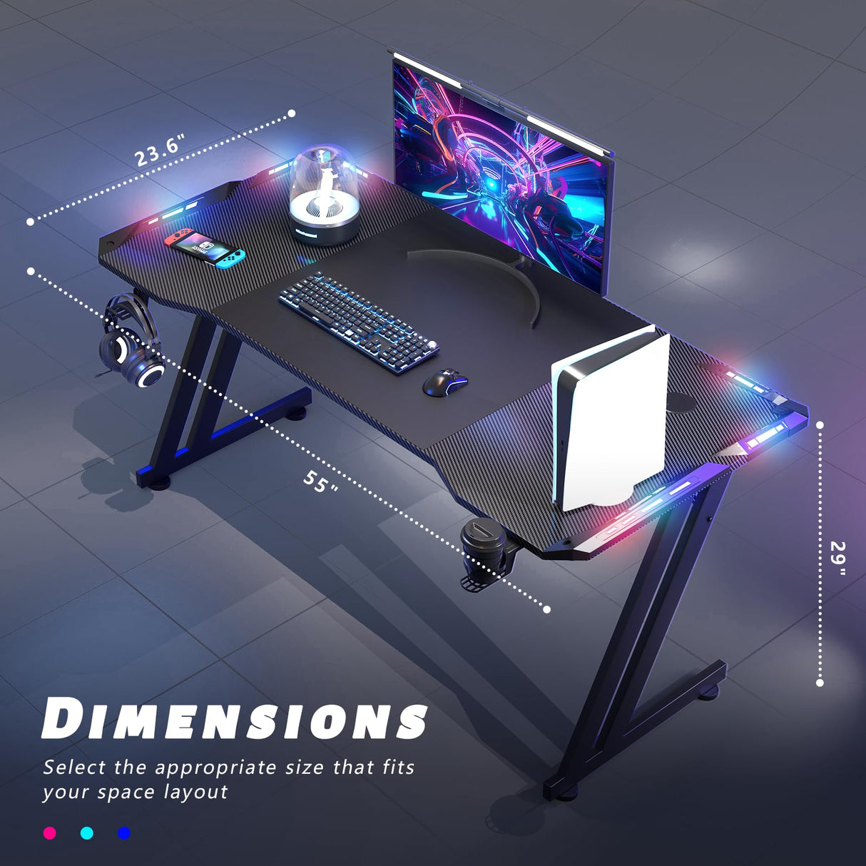 HLDIRECT 55 Inch Gaming Desk with LED Lights Carbon Fibre Surface Gaming Table Large Computer Desk Ergonomic Home Office Desks Z Shaped PC Gamer Workstations with Cup Holder & Headphone Hook Black HLDIRECT