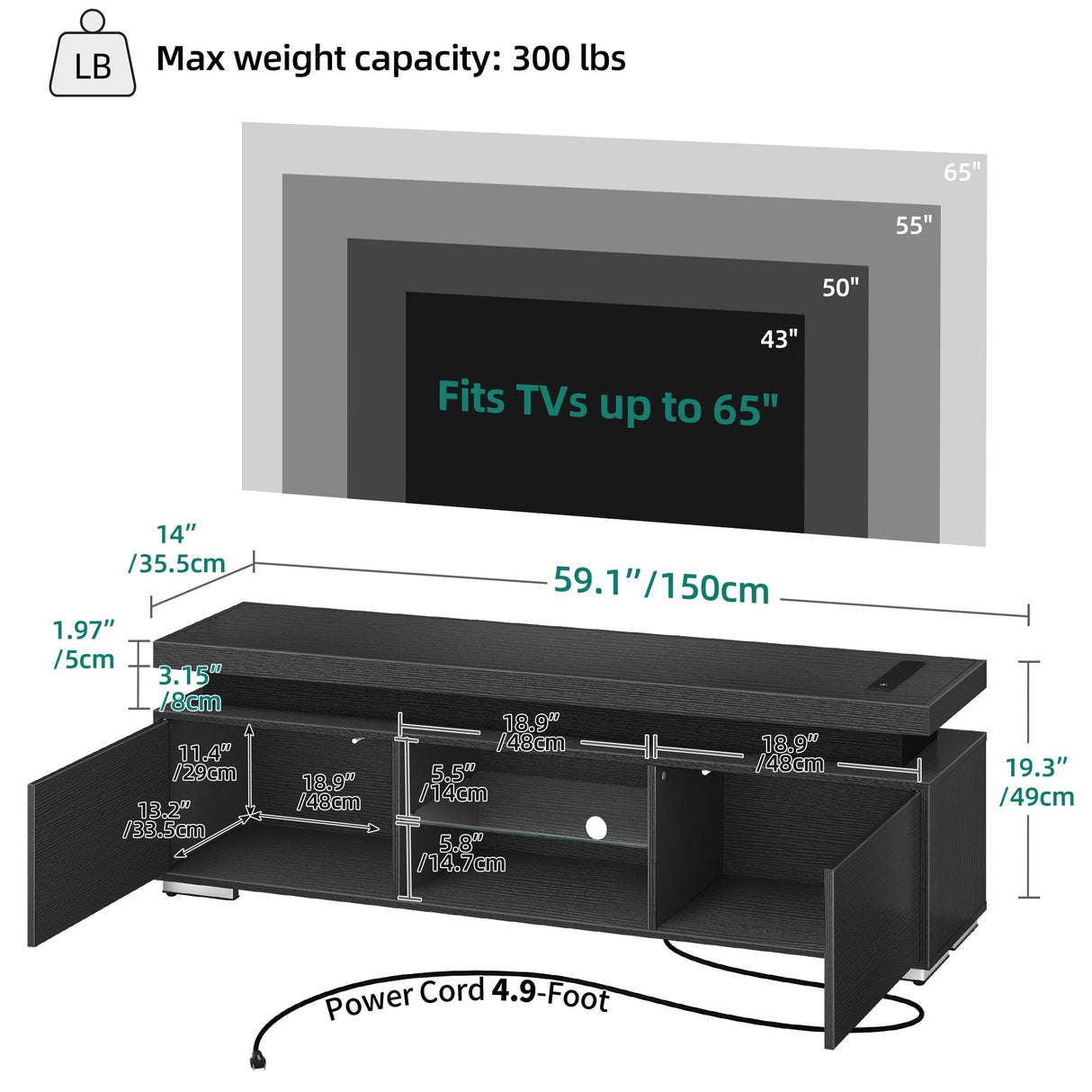 YITAHOME Black TV Stand for 65 inch TV, Entertainment Center with Storage, Modern LED TV Stand w/Power Outlets for Living Room, TV Console Media Cabinet, Black YITAHOME