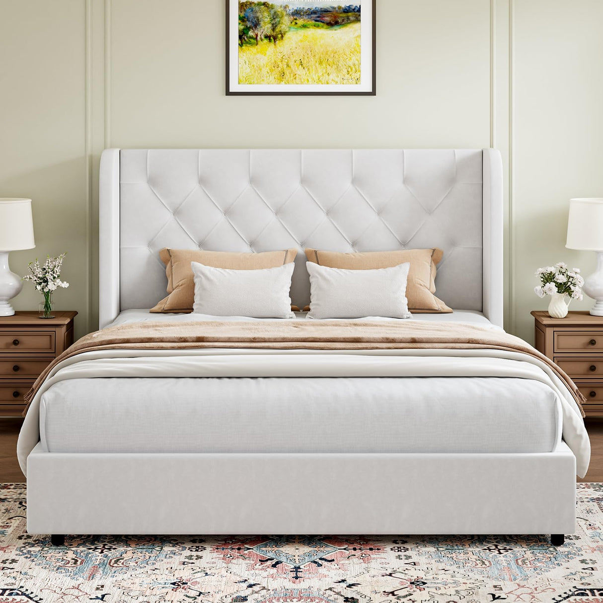 HOMBCK Full Size Bed Frame, Upholstered Bed Frame Full with Soft Curved Wings Velvet Tufted Headboard, Sturdy Wooden Slats Support, No Box Spring Required, Noise Free, Easy Assembly, White HOMBCK