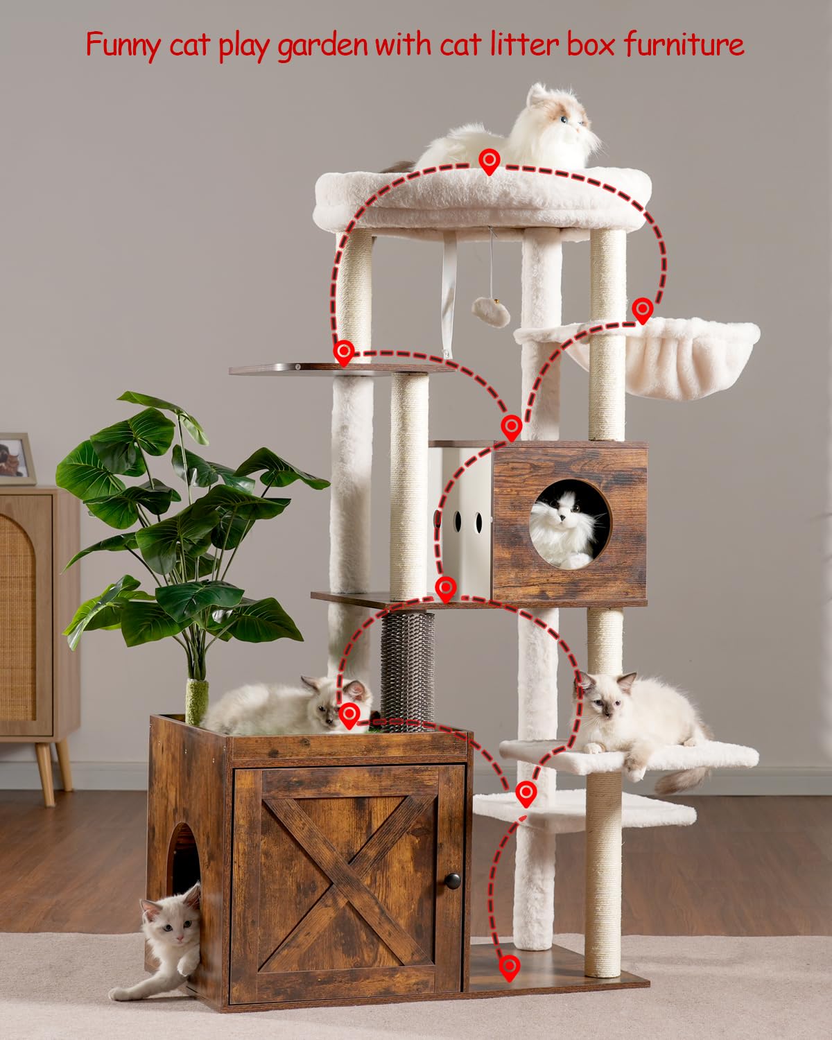 Gitelsnour Cat Tree with Litter Box Enclosure, Large Wooden Cat Tower Cat Condo for Indoor Cats with Play Garden (Leaf, Lawn, Hair Rubbers), Modern Cat House, Rustic Brown GCT110SR Gitelsnour