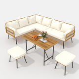 Senfot 6 Pieces Outdoor Patio Furniture Set with Table, All-Weather Boho Wicker Rattan Patio Sectional L-Shaped Sofa, Metal Frame, Detachable Cushions, for Patio, Balcony, Backyard, Deck, Beige Senfot