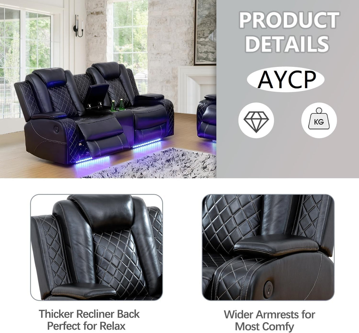 AYCP Multifunction Power Air Leather Recliner Sofa Set with LED Lights, Living Room Furniture, Reclining Sofa, loveseat, Chair with USB Port/Storage Console/Cup Holders (Black, 3 Pieces) AYCP