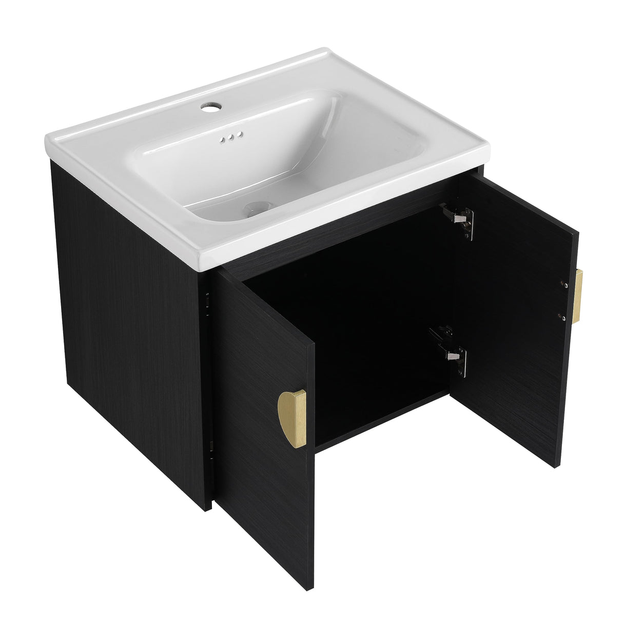 SSLine Modern 24" Floating Bathroom Vanity with Sink Wall Mounted Bathroom Vanity with Top Basin & Storage Cabinet Luxury Black Wood Hanging Vanity w/Ceramic Sink & Gold Handles for Small Space SSLine