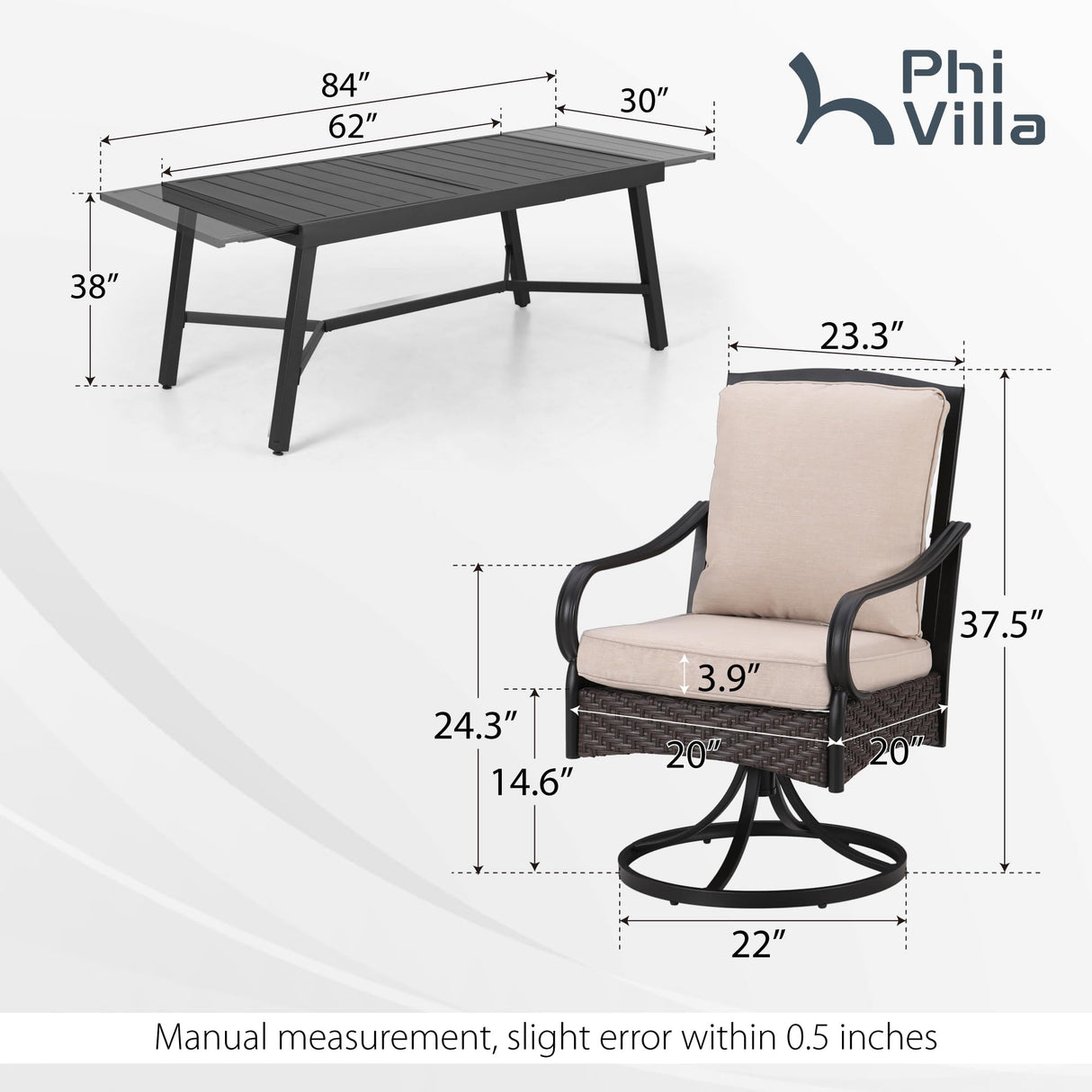 PHI VILLA 9-Piece All-Weather Outdoor Dining Set, Heavy Duty Expandable Metal Table & 8 Swivel Chairs with Cushions, Durable Patio Furniture for Deck, Backyard, Garden PHI VILLA