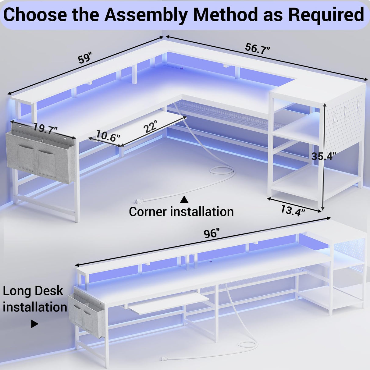 SEDETA Reversible L Shaped Gaming Desk with Power Outlets, LED Strip, Monitor Shelf, and Ample Storage in White SEDETA