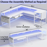 SEDETA Reversible L Shaped Gaming Desk with Power Outlets, LED Strip, Monitor Shelf, and Ample Storage in White SEDETA