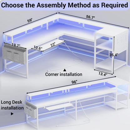SEDETA Reversible L Shaped Gaming Desk with Power Outlets, LED Strip, Monitor Shelf, and Ample Storage in White - WoodArtSupply