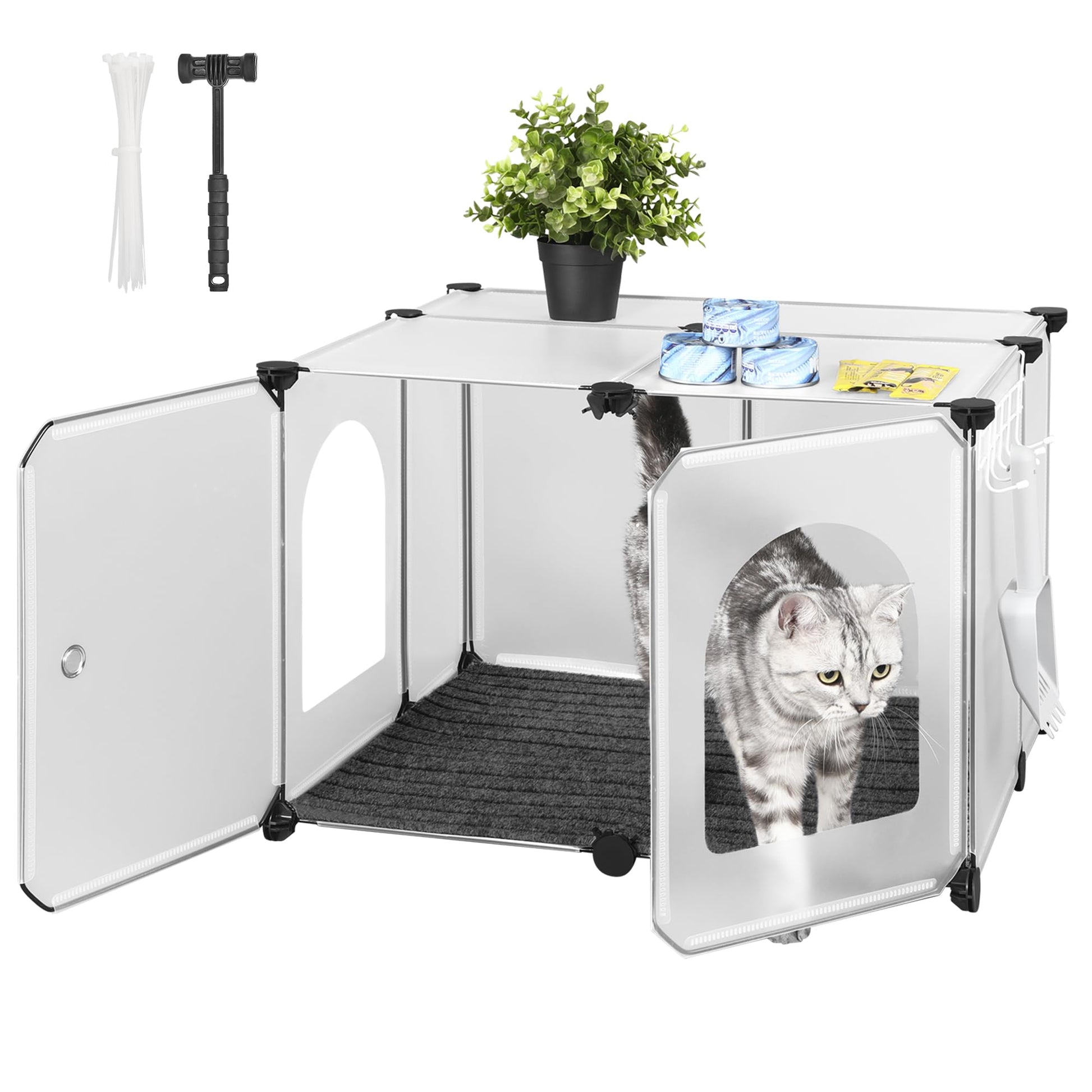 Hzuaneri Cat Litter Box Enclosure with Hooks, Plastic Covered Little Box with Mat, Splash Proof Litter Box Furniture, 23.7 x 18.5 x 16.1 inches, End Table for Living Room, Pure White CB81899L - WoodArtSupply