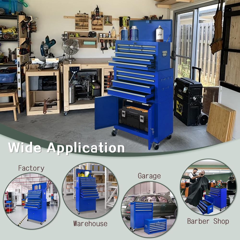 Kirmosal 13-Drawer Tool Chest with Double Door Handle,2 in 1 Detachable Rolling Tool Chests with Wheels and Drawers,Large Tool Box with Lock,Mobile Steel Tool Cabinet Storage (Blue) Kirmosal