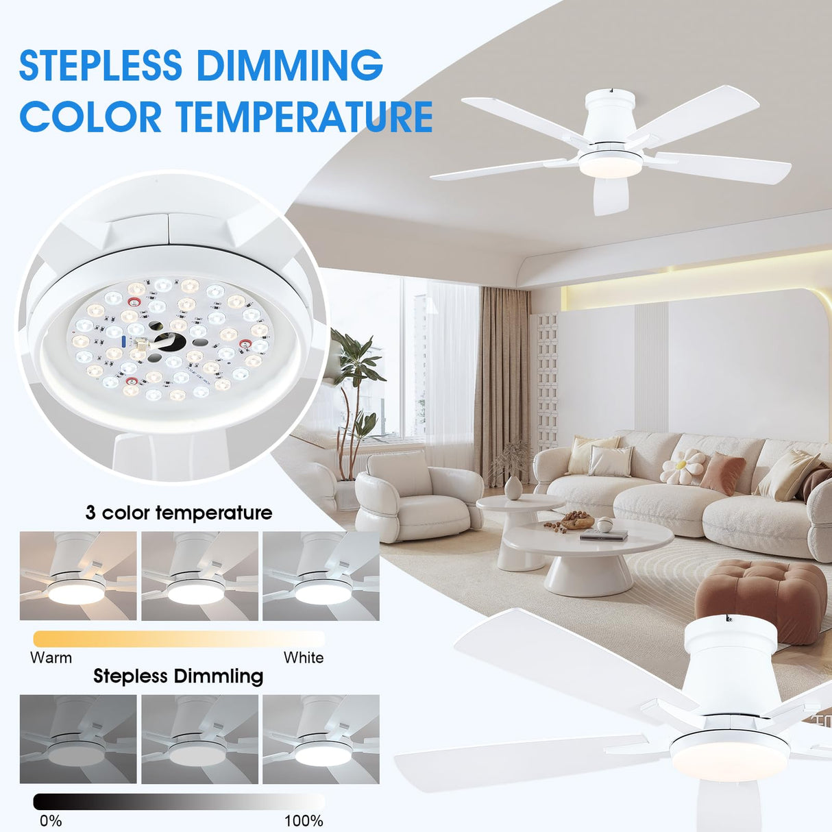 Surtime 52" Ceiling Fans with Lights-Low Profile Ceiling Fan with Light and Remote/APP Control,Flush Mount,DC Reversible,LED Dimmable Ceiling Fans for Bedroom,Indoor/Outdoor Patio Use(White) Surtime