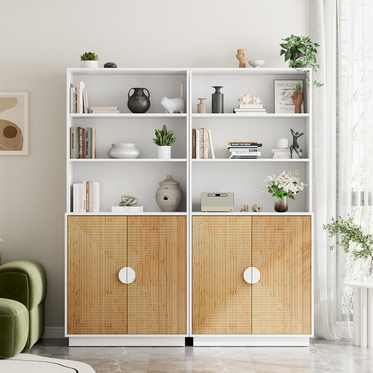 TUSY 4-Piece Large TV Stand with Bookshelves for TVs up to 75”, Wall Unit Entertainment Center with Doors, TV Cabinet for Living Room, Bedroom & Home Theater, White TUSY