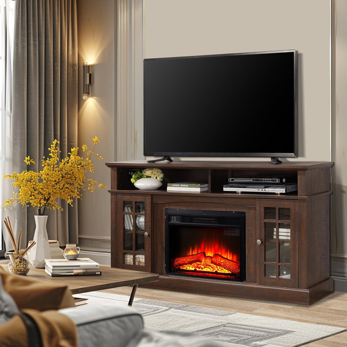 Electric Fireplace TV Stand,Contemporary TV Media Stand,Modern Entertainment Console with 23" Fireplace Inset, TV Media Stand with Storage Space, Media Console for Living Room Bedroom,Espresso