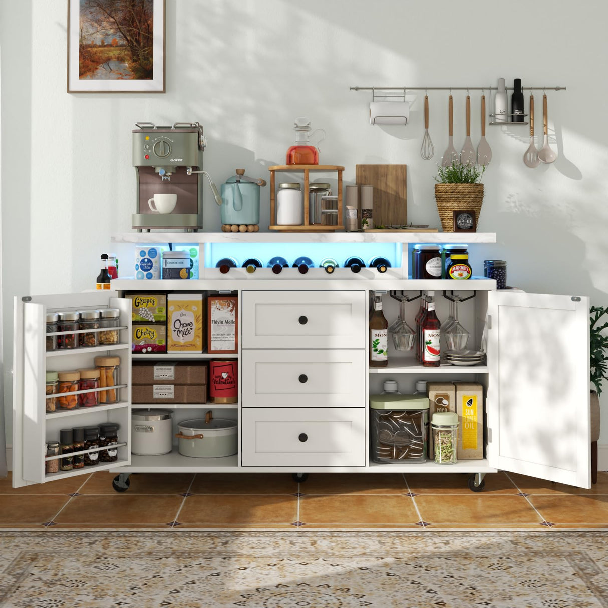 Rolling Kitchen Island Cart with Storage, Kitchen Island on Wheels with LED Lights & 3 Drawers, Side Table with Spice Rack & Towel Rack, Large Mobile Islands Table for Dining Room, White Gyfimoie