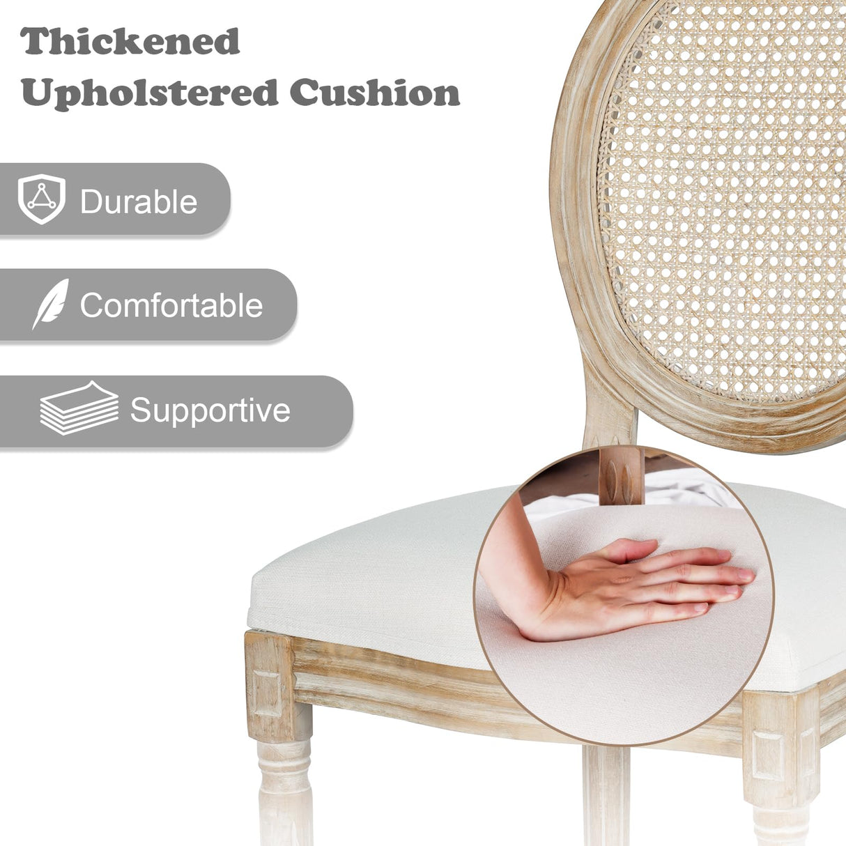 Polar Aurora Dining Chairs Set of 4 Beige Rattan Round Back with Solid Wood Legs and Frame for French Country Kitchen Dining Room Polar Aurora