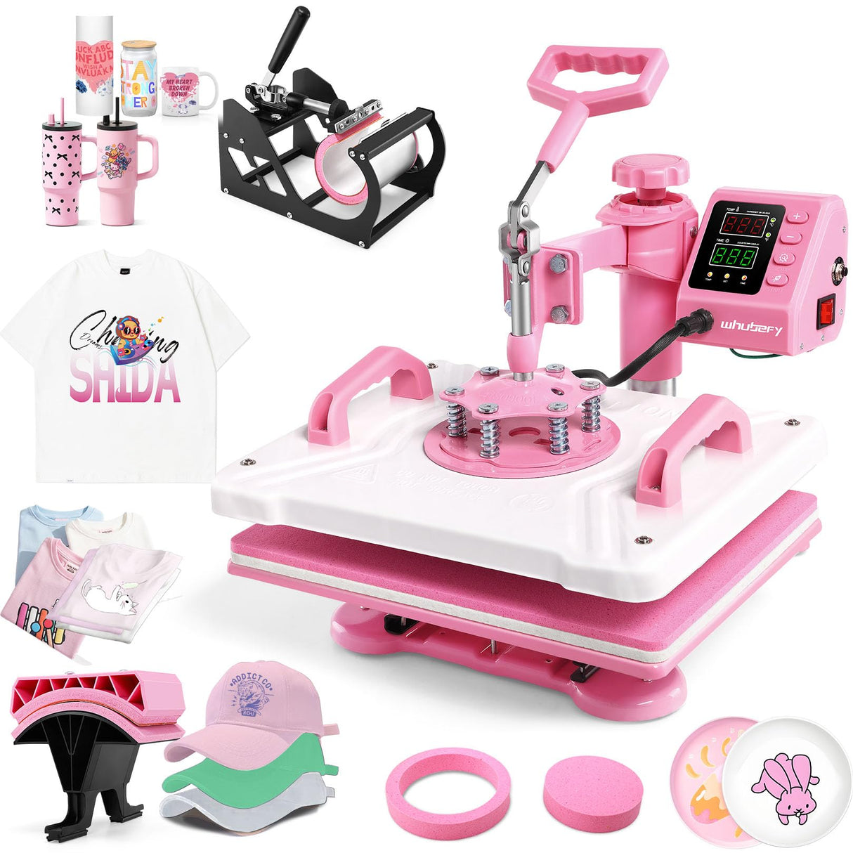 Whubefy Heat Press 12x15, 5 in 1 Heat Press Machine 360° Swing Away, Pink Sublimation Heat Press Digital Heat Transfer with 11oz Tumbler Press Machine, Heat Press Machine for Hat Cap Mug Plate Whubefy
