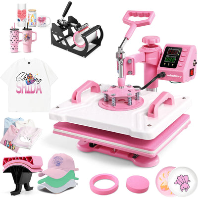 Whubefy Heat Press 12x15, 5 in 1 Heat Press Machine 360° Swing Away, Pink Sublimation Heat Press Digital Heat Transfer with 11oz Tumbler Press Machine, Heat Press Machine for Hat Cap Mug Plate
