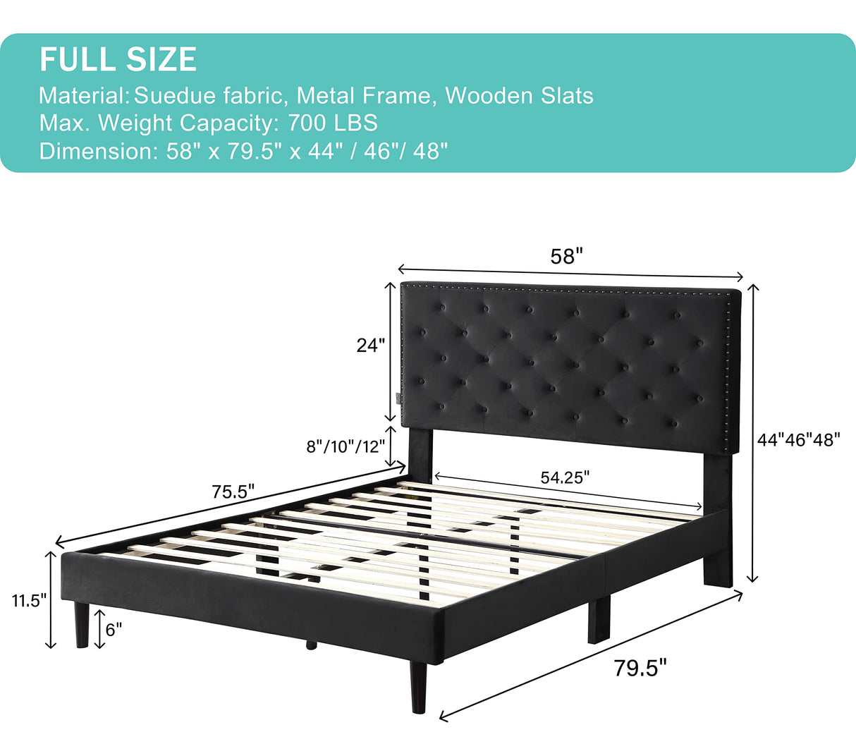 Full Upholstered Platform Bed Frame with 48" Tall Adjustable Headboard - Button Tufted Suede Velour Bed- Wood Slat Support with Storage Space- No Box Spring Needed - Black - OLIVER & SMITH - Princeton OLIVER & SMITH SINCE 1921