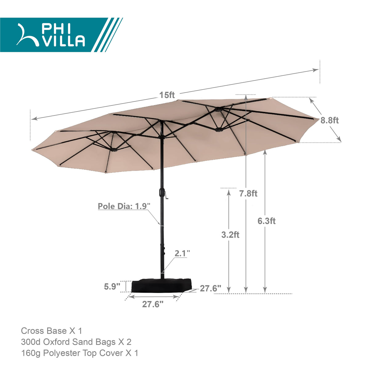 PHI VILLA 15ft Large Patio Umbrella with Base, Double-sided Outdoor Umbrella, Beige PHI VILLA
