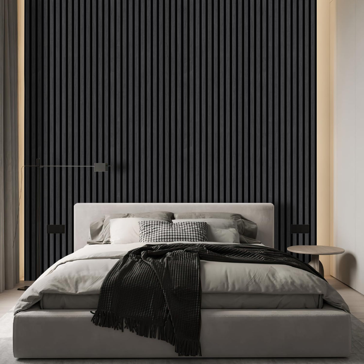CHDITB 3D Fluted Wood Slat Acoustic Wall Panels, 2Pcs 23.6"x 47.2” Wood Finish Soundproof Panels for Wall and Ceiling, Sound Absorbing Decorative Wall Panels for Interior Wall Decor - Matte Black CHDITB