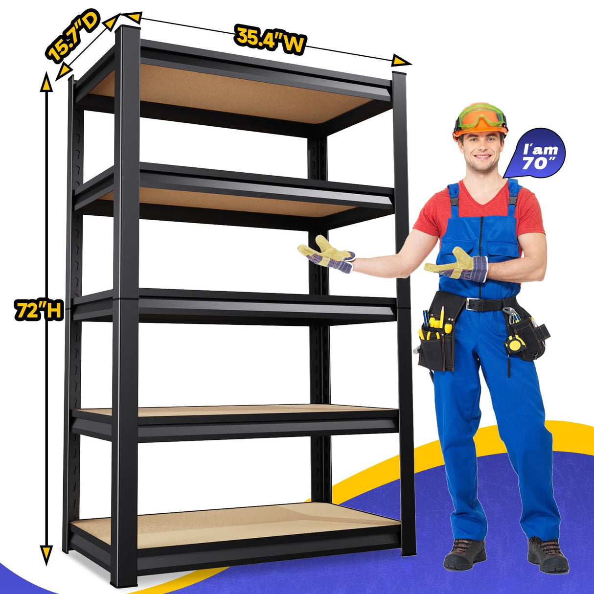 5-Tier Garage Shelving Heavy Duty, Adjustable Storage Shelves, 2500LBS Metal Garage Shelves,Storage Rack for Basement, Warehouse, Pantry, Easy Assembly, Black (wooden-72''H x 35.4''W x 15.7''D) ZZXCBB