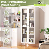 Crownland Modern Metal Display Cabinet with 4 Adjustable Shelves, White Glass Doors, 5 Tiers, Home Office, Living Room Crownland