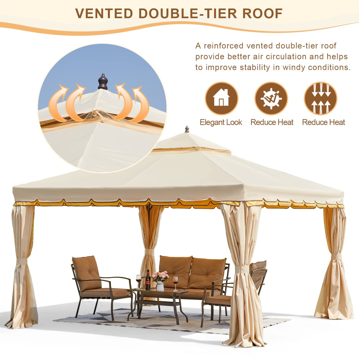 Erommy 10' x 12' Outdoor Canopy Gazebo, Double Roof Patio Gazebo Steel Frame with Netting and Shade Curtains for Garden, Patio, Party Canopy, Beige