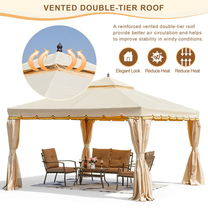 Erommy 10' x 12' Outdoor Canopy Gazebo, Double Roof Patio Gazebo Steel Frame with Netting and Shade Curtains for Garden, Patio, Party Canopy, Beige