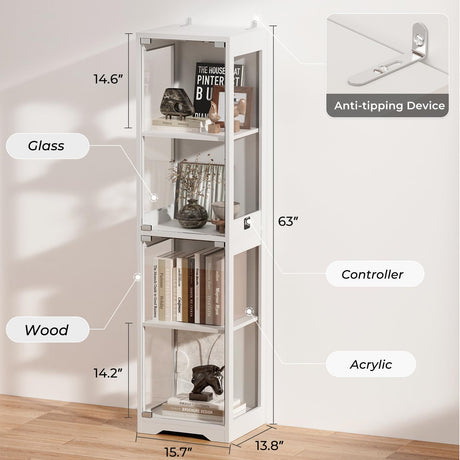 BROTTAR Glass Display Cabinet, 4-Tier Curio Cabinets with 3 Color Lights for Collectibles, Storage Cabinet with Door, Glass Display Case & Bookcase with Human Body Sensor, White BROTTAR