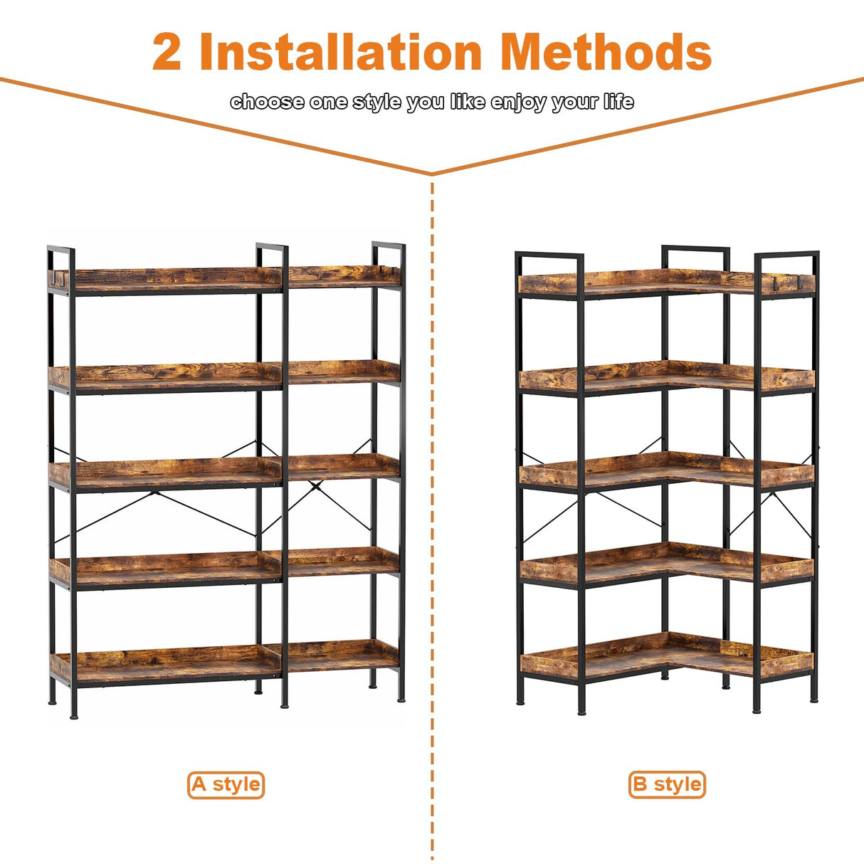 KOUSEI 5-Tier Bookshelf Reversible,Corner Bookcase 4 Hooks,65" Industrial Wooden Bookcase with Open Wide Shelves and Metal Frame for Living Room, Bedroom, Home Office,Rustic Brown KOUSEI