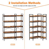 KOUSEI 5-Tier Bookshelf Reversible,Corner Bookcase 4 Hooks,65" Industrial Wooden Bookcase with Open Wide Shelves and Metal Frame for Living Room, Bedroom, Home Office,Rustic Brown KOUSEI