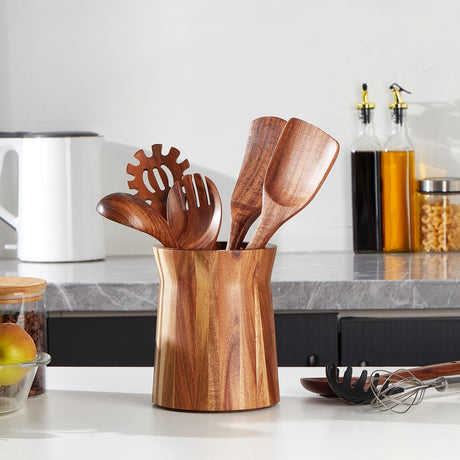 LOHONER Wooden Utensil Holder for Countertop, 360° Rotating Kitchen Utensil Holder, 7.2"x 6" Large Acacia Cooking Utensil Holder for Kitchen Counter, Farmhouse Kitchen Decor LOHONER