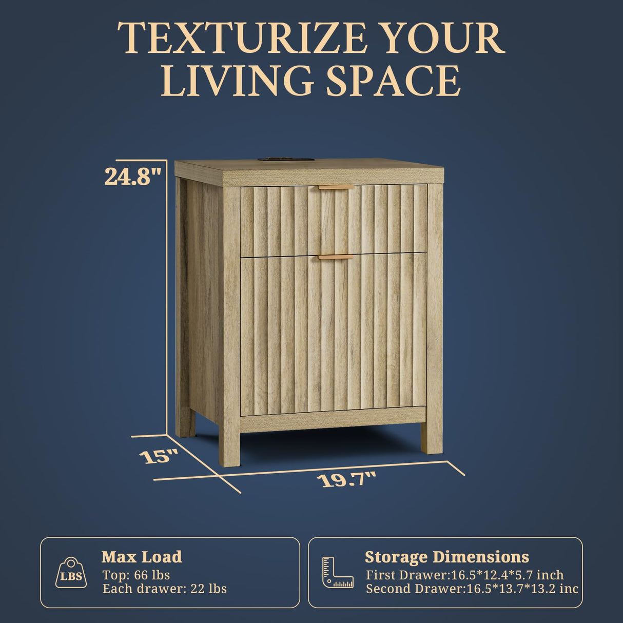 OAKHAM HOME Oxford 2 Drawer Nightstand, End Table with Charging Station, Night Stand with Fluted Panel, Farmhouse Sofa/Bed Side Table Set of 2 (Sunwashed Ash Oak) OAKHAM HOME