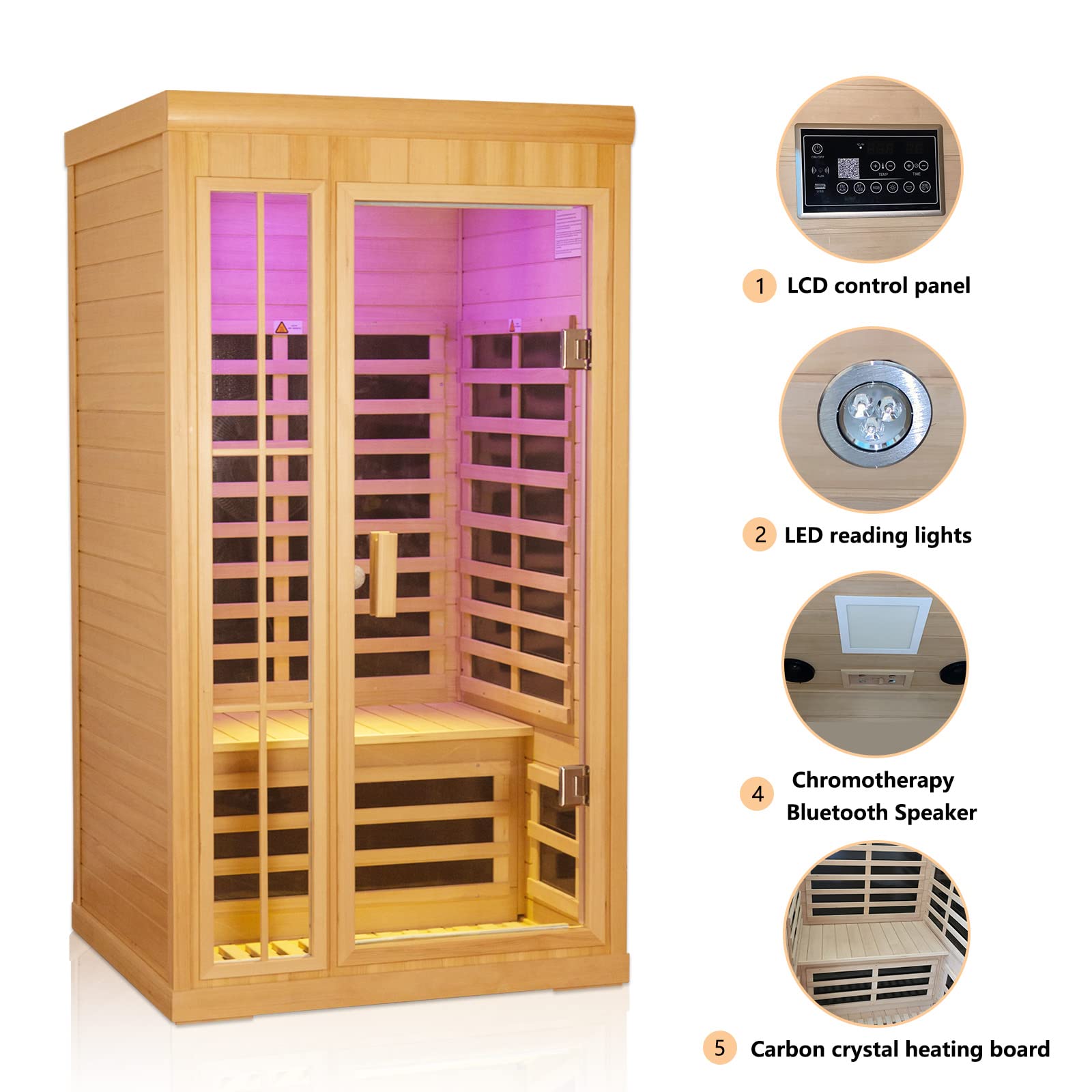 Kanlanth 1 to 2 Person Infrared Sauna, Hemlock Wood Low EMF FAR Infrared Sauna for Home, 1,350watt, Indoor Saunas with Bluetooth, LCD, LED - WoodArtSupply