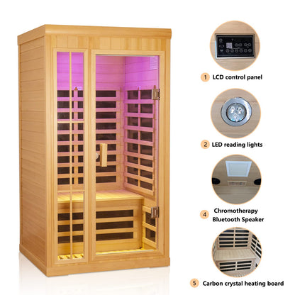 Kanlanth 1 to 2 Person Infrared Sauna, Hemlock Wood Low EMF FAR Infrared Sauna for Home, 1,350watt, Indoor Saunas with Bluetooth, LCD, LED - WoodArtSupply