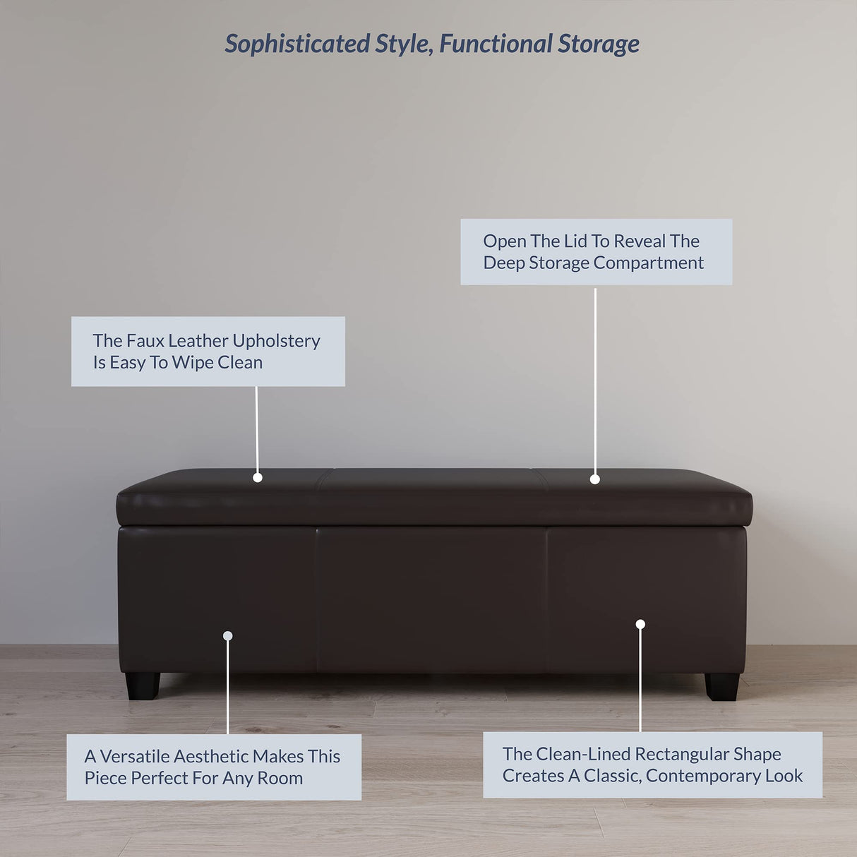 BELLEZE 47 Inch Storage Ottoman, Faux Leather Storage Bench Bedroom Bench with Safety Close Hinge, Ottoman with Storage for Living Room, Entryway, Hallway, Foot Rest, Support 300lbs - Brown BELLEZE