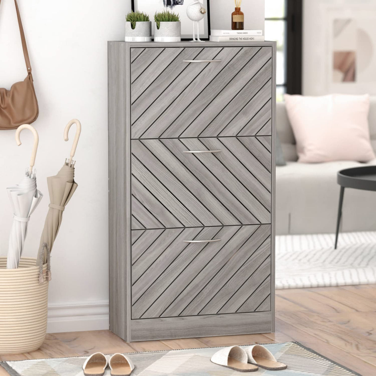 Homsee Modern Shoe Storage Cabinet with 3 Flip Drawers & Twill Louver Doors, Wood 3-Tier Shoe Rack Storage Organizer for Entryway, Hallway & Bedroom, Grey (22.4”L x 9.4”W x 42.3”H) Homsee