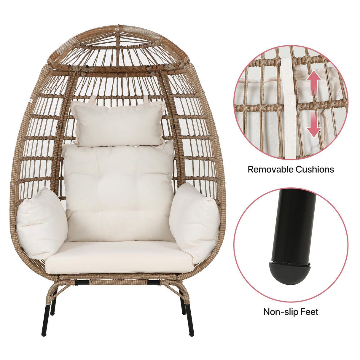 Dkelincs Wicker Egg Chair Indoor Outdoor Lounge Chair Patio Reading Chair Oversized Rattan Egg Chair for Patio, Backyard, Garden, Living Room w/ 4 Cushions Steel Frame, 352lb Capacity(White) Dkelincs
