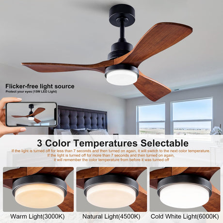 BOJUE 42 Inch Black Ceiling Fans with Lights and Remote,3 Color LED Light,Quite Reversible DC Motor,Memory Function,Modern Solid Wood Indoor Outdoor Ceiling Fan with light for Farmhouse Bedroom Patio BOJUE