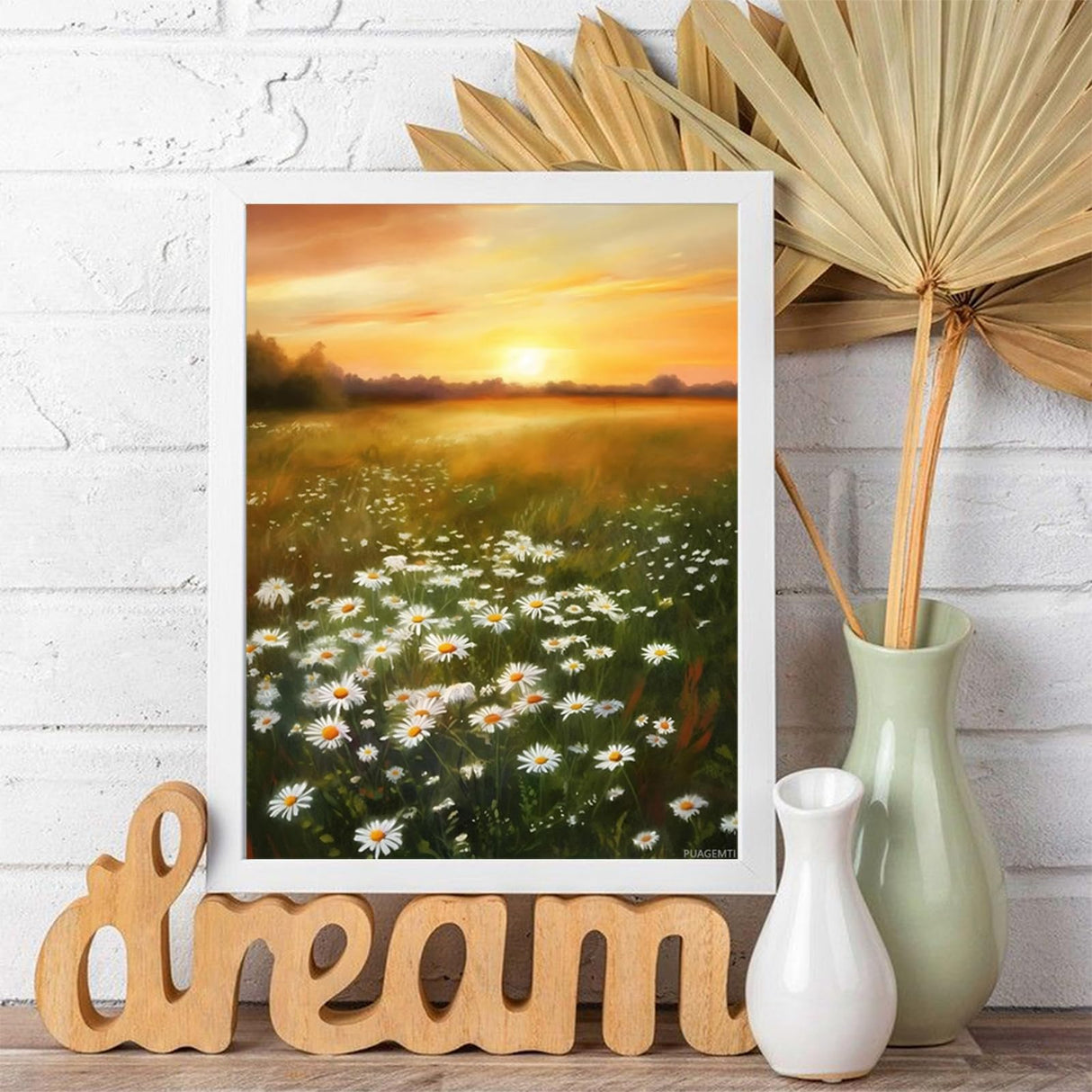 PUAGEMTI Spring Summer Flower Diamond Painting Sunset and Field of Daisies Paint by Numbers for Adults Beginners, Full Round Crystal Diamond Art Kits for Room Decor Bathroom Decor 12x16 inch PUAGEMTI
