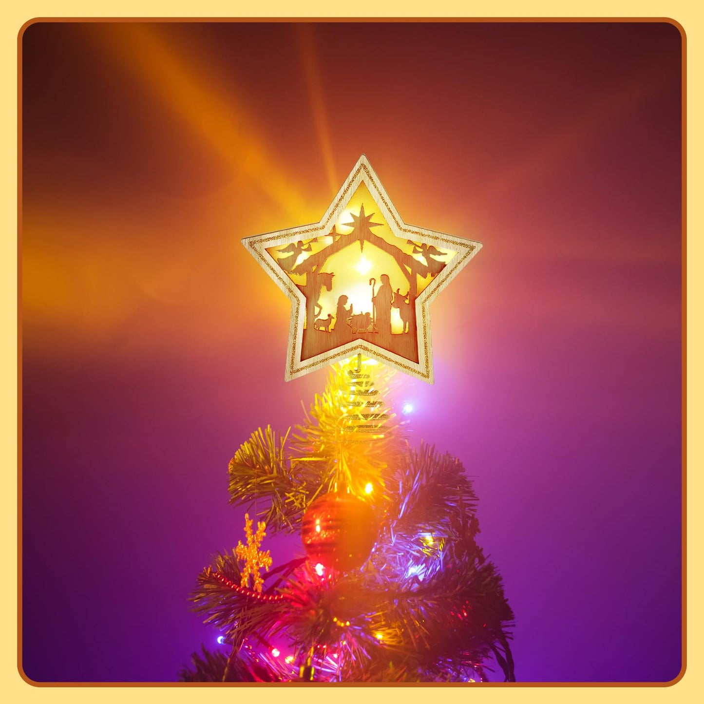 Craftsatin 9.2 x 7.8 Inch Brown Wood Christmas Tree Topper Golden Star Nativity Tree Topper Star of Bethlehem with LED Light for Christmas Party Decoration Tabletop Display Housewarming Birthday Gift