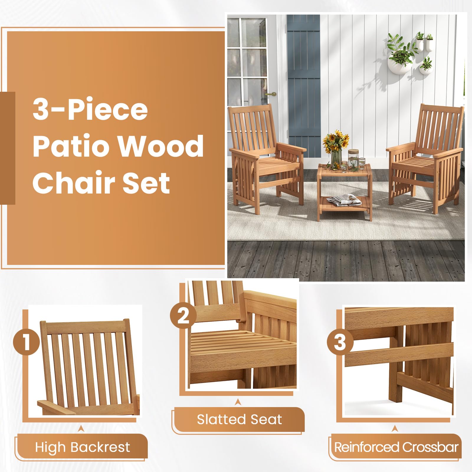 Tangkula 3 Pieces Patio Furniture Set with 1.5” Umbrella Hole, Wood Table and Chairs Set for 2, for Porch, Backyard, Poolside, Lawn, Deck - WoodArtSupply