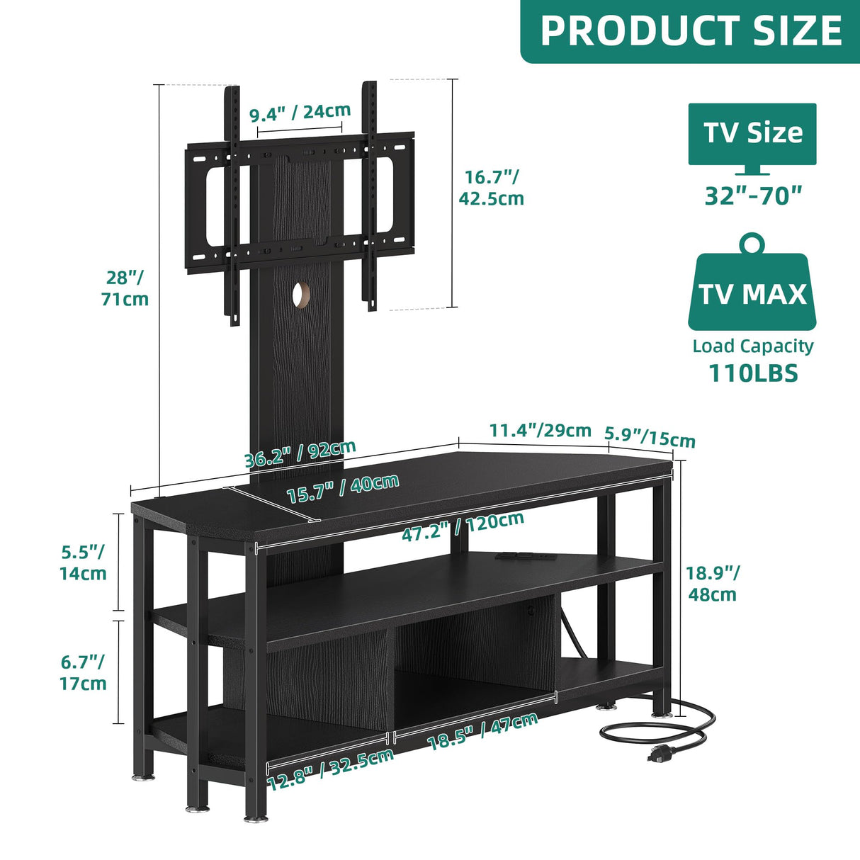 YITAHOME Black TV Stand with Mount, Modern TV Stand for 70/65 inch TV LED Entertainment Center with Adjustable Mount & Power Outlet, TV Console Cabinet, Black YITAHOME
