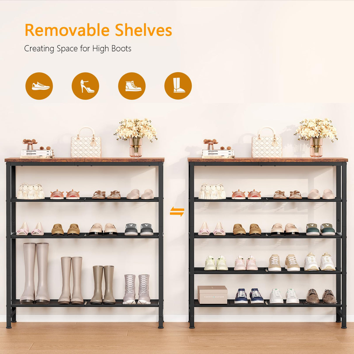 usikey 5-Tier Shoe Rack, Industrial Shoe Storage Organizer for 12-16 Pairs of Shoes, Metal Shoe Shelf with Wooden Top, Shoe Stand with 3 Metal Shelves for Entryway, Hallway, Closet, Rustic Brown usikey