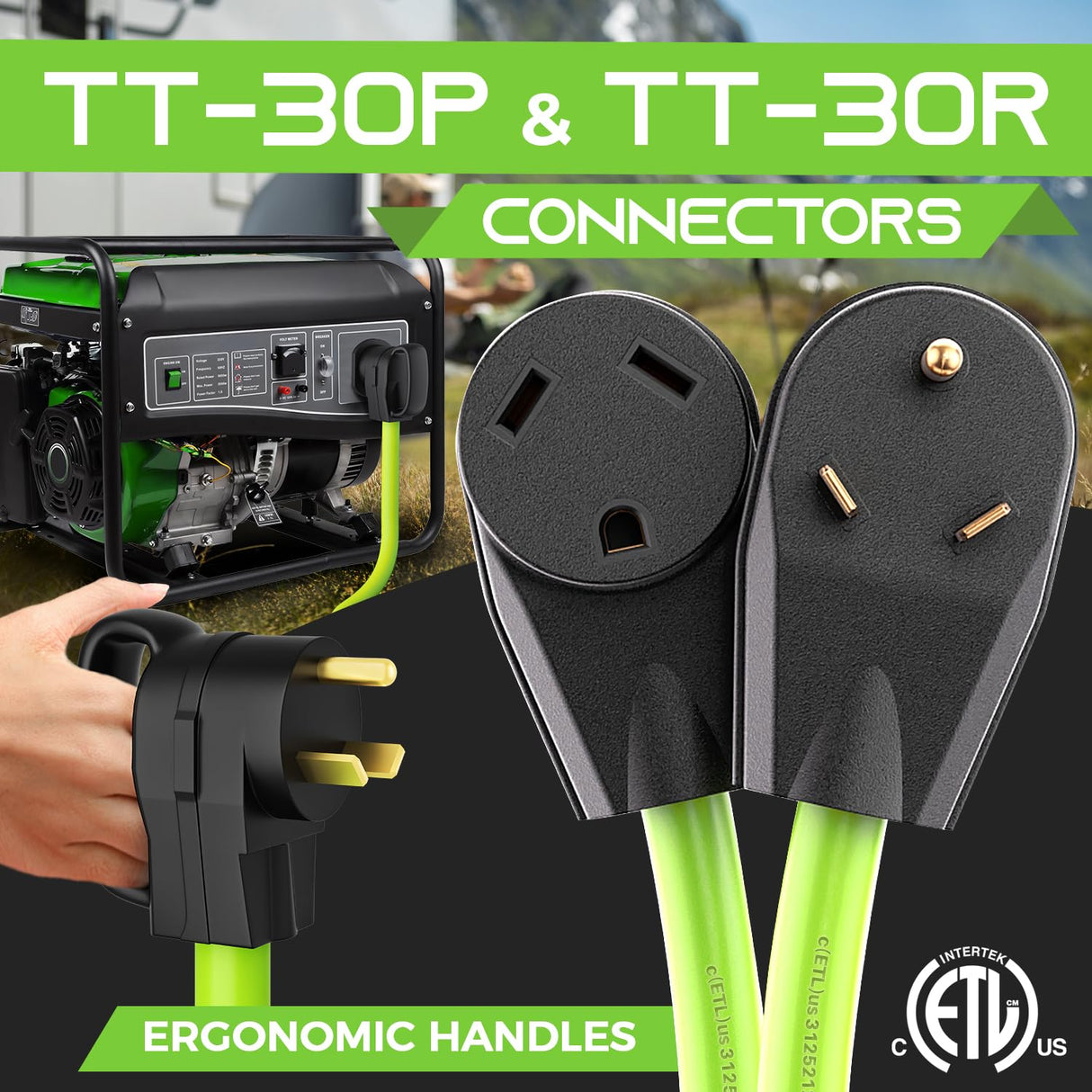 GEARit 30-Amp Extension Cord for RV and Auto, 125-Volt, 3-Prong, 10/3 STW 10AWG Gauge 3 Wire, NEMA TT-30P to TT-30R, Outdoor, Waterproof, Outdoor Camper Power Cord, 75 feet (22.9 Meters), Green GearIT