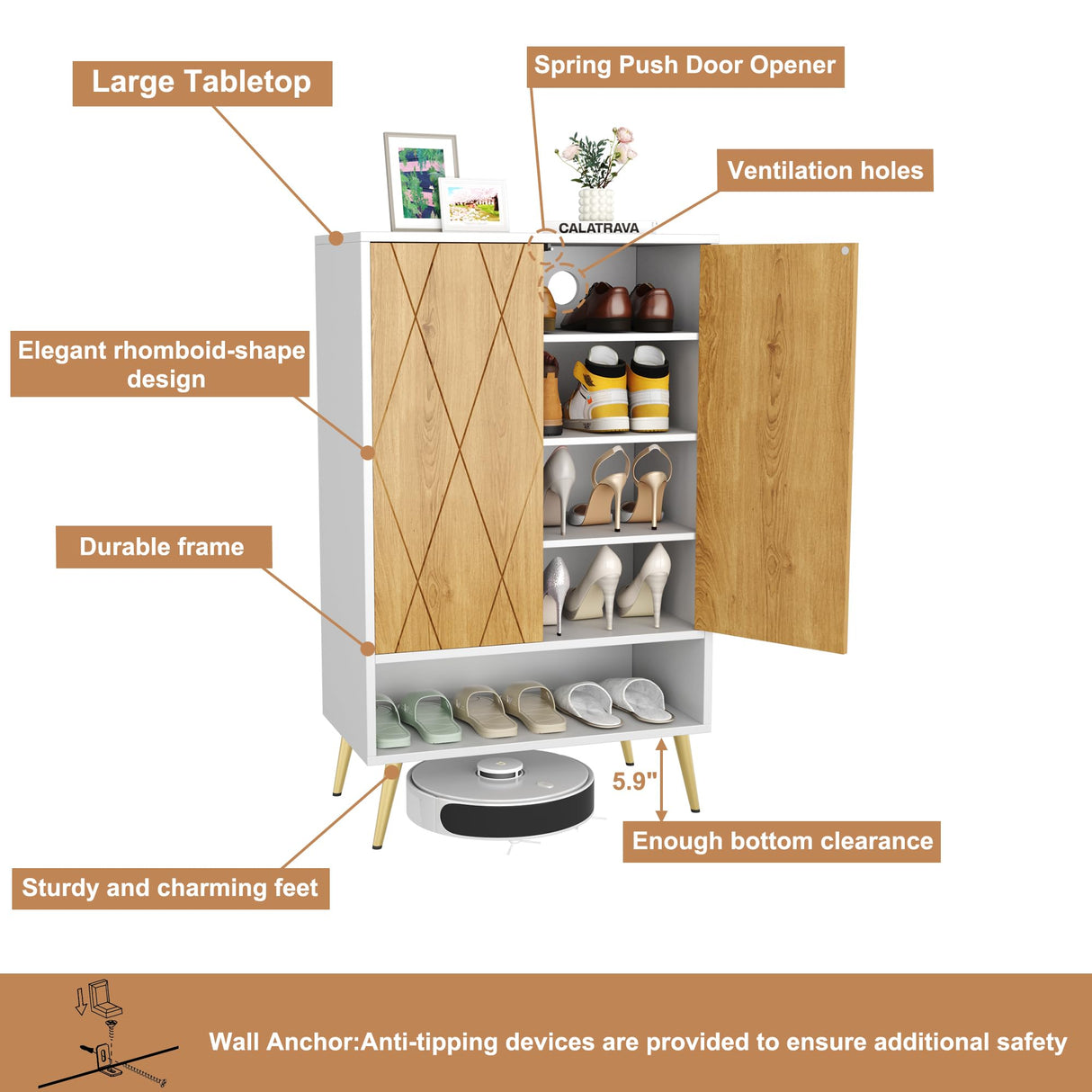 HOMEFORT Shoe Cabinet,15 Pairs Shoe Rack Organizer Cabinet, Shoe Storage Cabinet for Narrow Entryway Closet,6-Tier Modern Shoe Organizer with Double Doors and Adjustable Shelf (White Oak) HOMEFORT