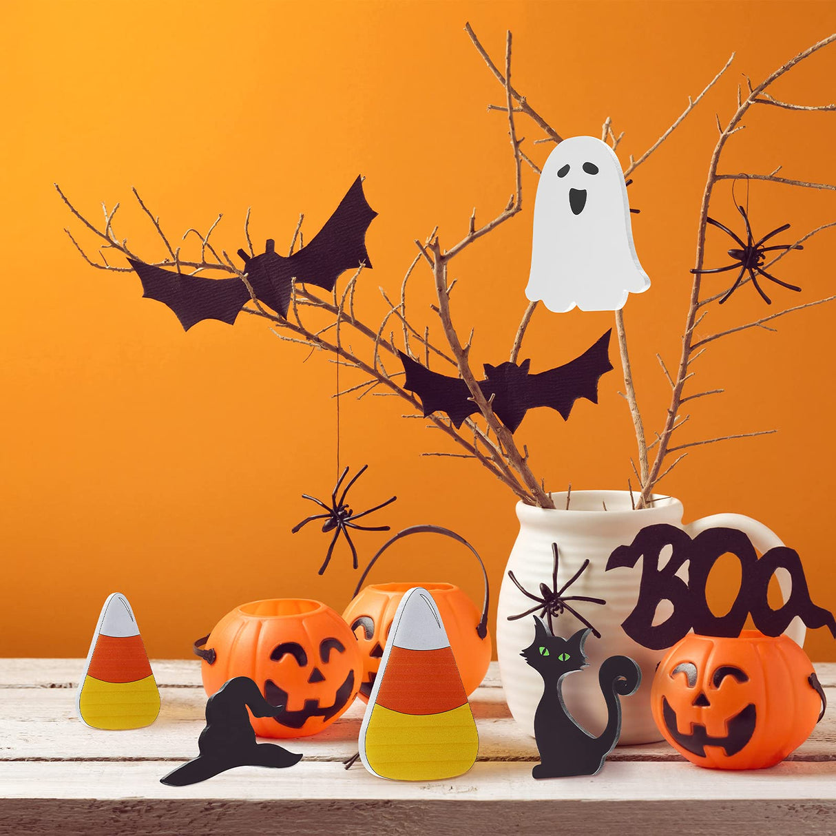 Yalikop 5 Pcs Halloween Table Centerpieces Ghost Black Cat Witch Hat Candy Corn Wooden Tiered Tray Sign Standing Tabletop Signs for Halloween Home Rustic Farmhouse Decor Yalikop