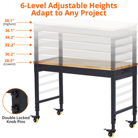 ACONEE 60" x 22" Adjustable Workbench, Workbench for Garage with 2000 Lbs Capacity, Rubber Wood Top Workstation with 4 Rolling Casters, Power Outlets, Heavy Duty Work Table for Workshop Office Home ACONEE