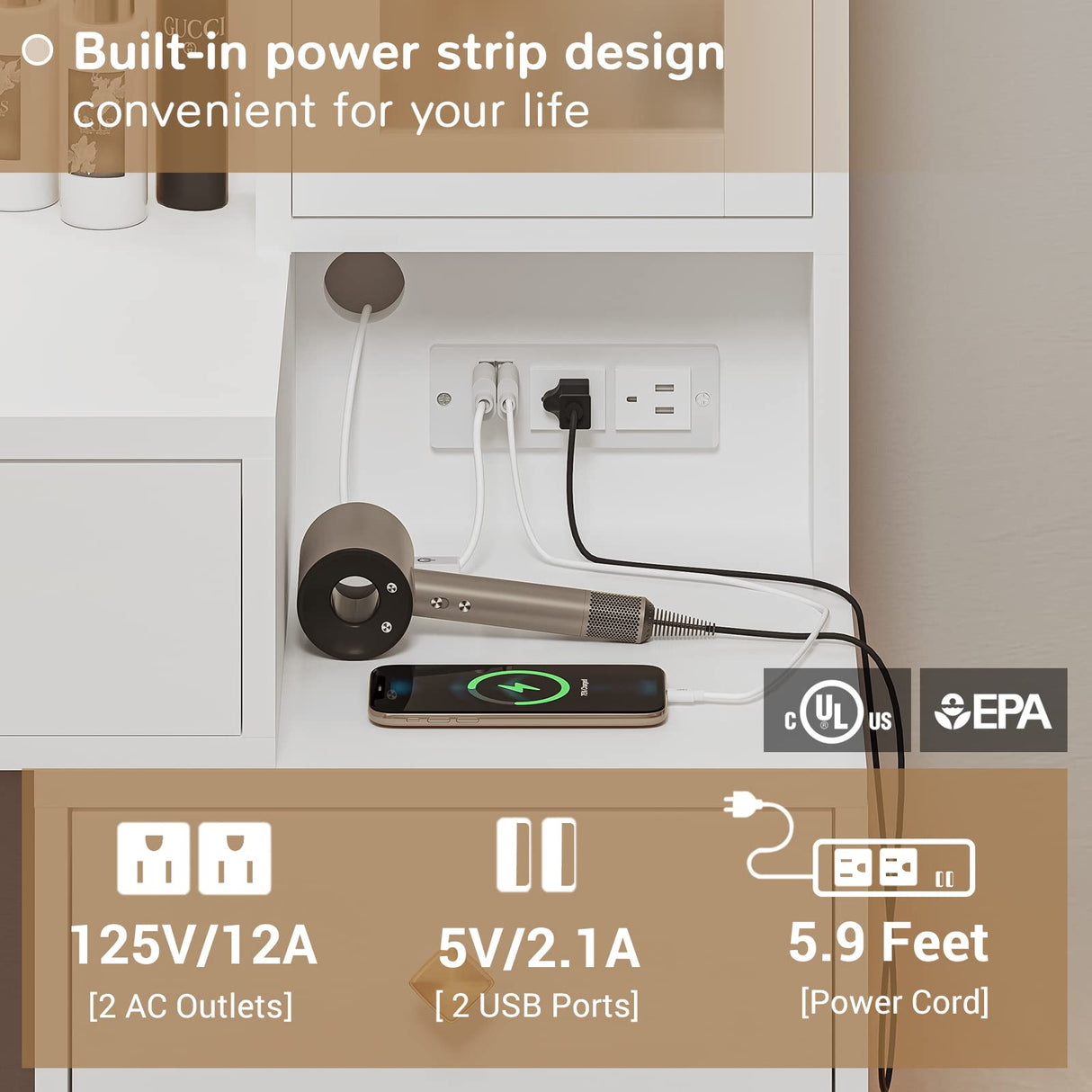 Tiptiper Makeup Vanity with Lights & Charging Station, Large Vanity Desk with Mirror and Lights, Makeup Table with 5 Drawers & Shelves, White and Gold Tiptiper